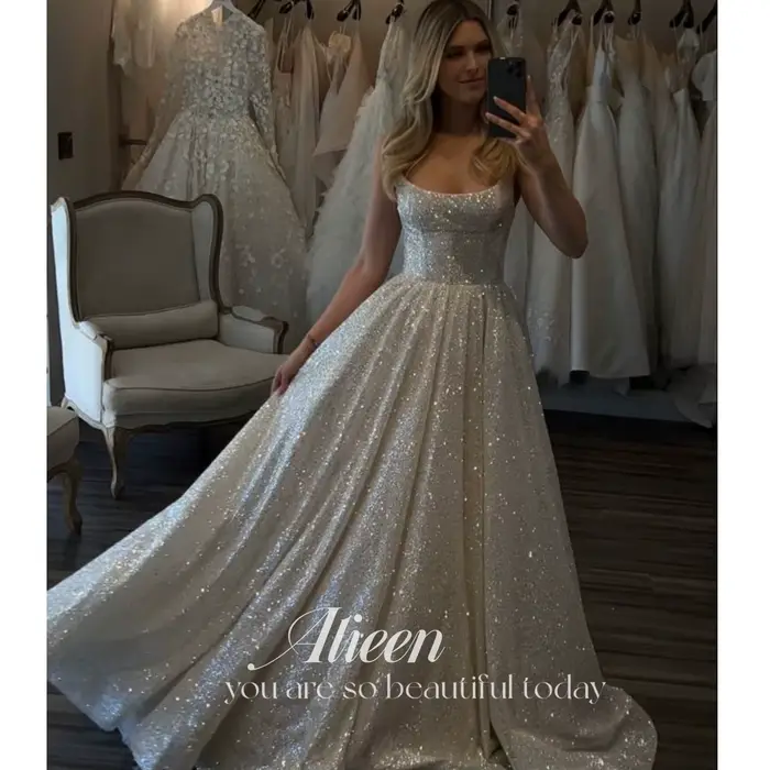 Aileen-Robes de mariée brillantes, robe de mariée Boho personnalisée, paillettes chérie, bretelles s