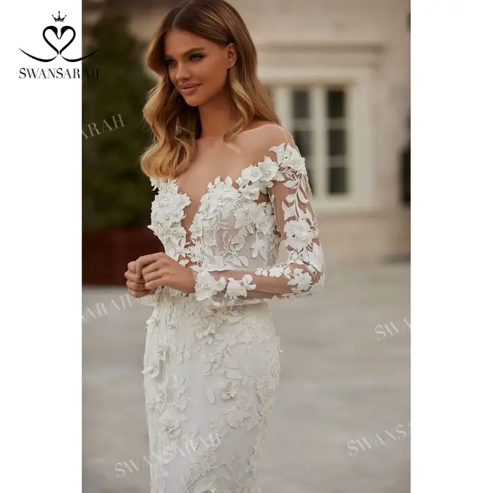 Robe de mariée sirène SwanSarah M0.25 en polyester, avec manches longues, fleurs 3D, soutien-gorge intégré, pour femmes enceintes, occasions spéciales, mariage traditionnel, cérémonies de fiançailles, événements de charité