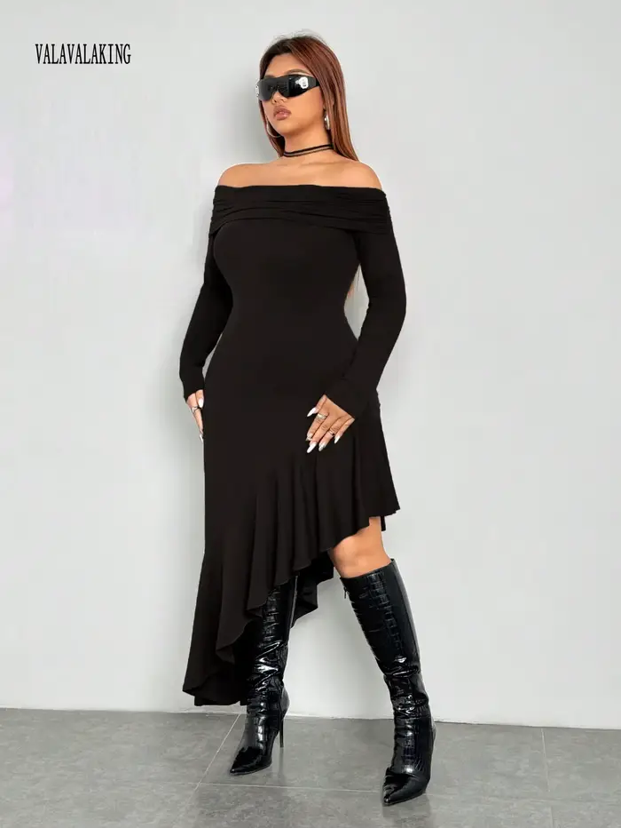2025 Sexy noir hors de l'épaule grande taille robe longue femmes été à volants Midi