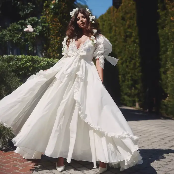 Robe de mariée personnalisée à manches bouffantes florales, robe de bal bohème en tulle à volants po