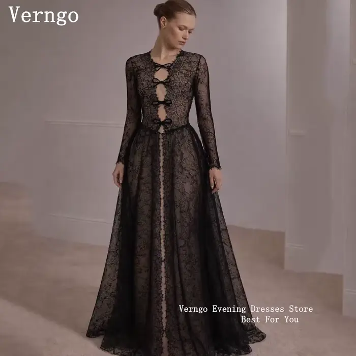 Robe de soirée de luxe en dentelle Verngo col rond illusion manches longues coupe trapèze pour bal de promo et fêtes personnalisable occassions spéciales