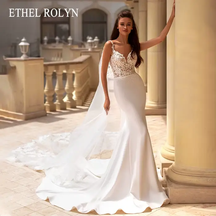 ETHEL ROLYN robe de mariée sirène perles chérie avec châle mariée dentelle fleurs dos nu bretelles S
