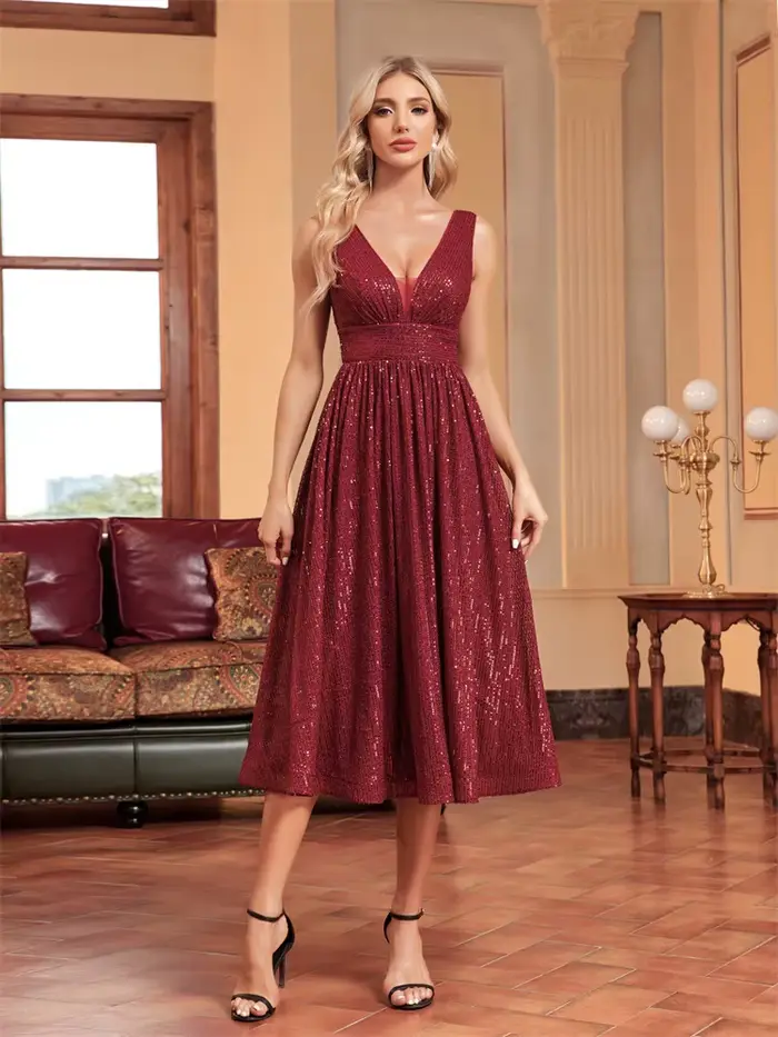 Lucyinlove-Robe de cocktail de luxe à col en V pour femme, rouge, fête de mariage, robe de remise de