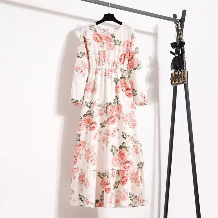 Femmes robes longues printemps été décontracté à manches longues géométrie florale imprimé col rond 