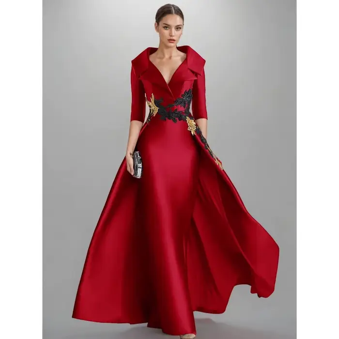 Robe de Soirée Rouge Vintage en Satin Personnalisée Style Moderne à Manches Demi avec Appliques et Broderie pour Occasions Formelles