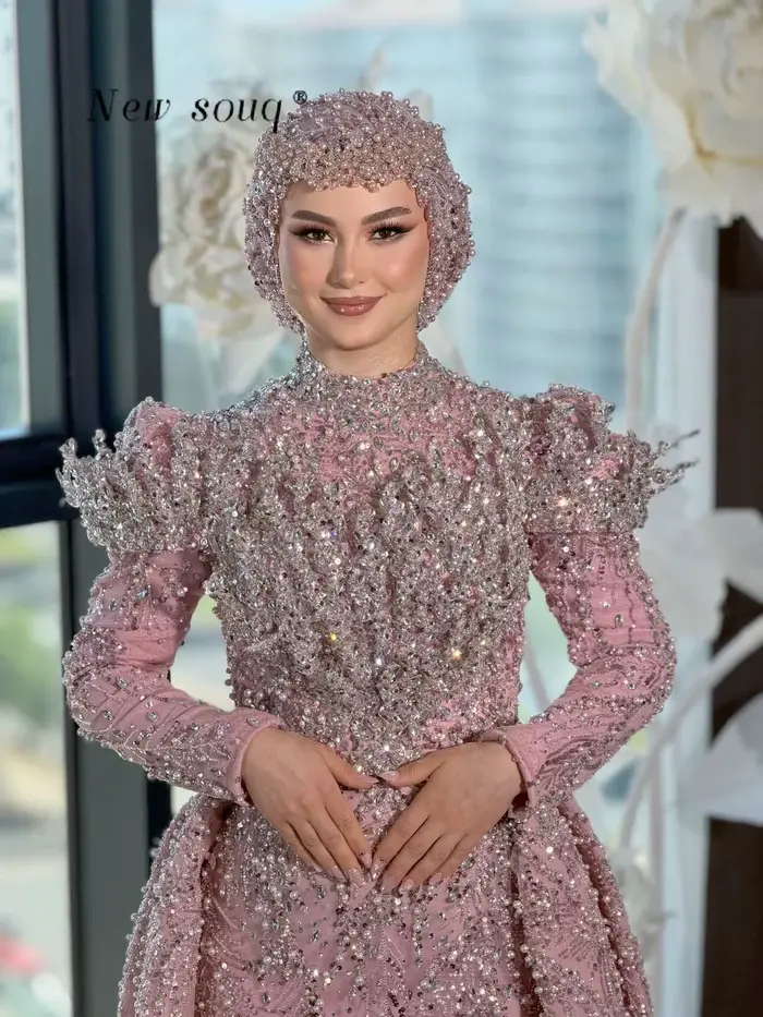 Robes de soirée de luxe roses du Moyen-Orient à manches longues pour mariages et bals de promo