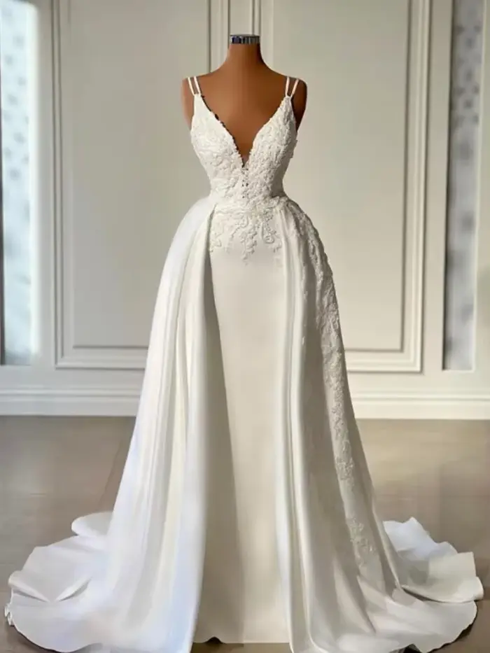 Robe de mariée sirène en satin vintage avec poignées, robe de mariée sexy, col en V, dos nu, fibropa