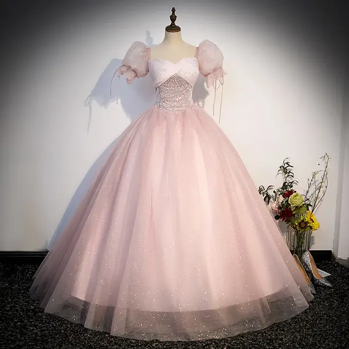 Robe de Soirée en Tulle à Paillettes et Manches Moelleuses Style Préppy Occasions Spéciales Nouvelle Collection 2024