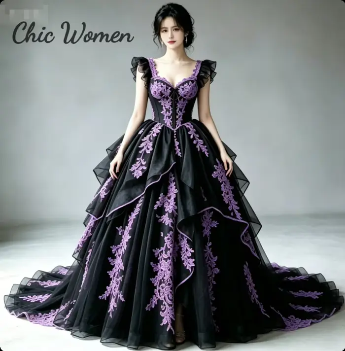 Robe de mariée gothique rose victorienne à volants et manches courtes