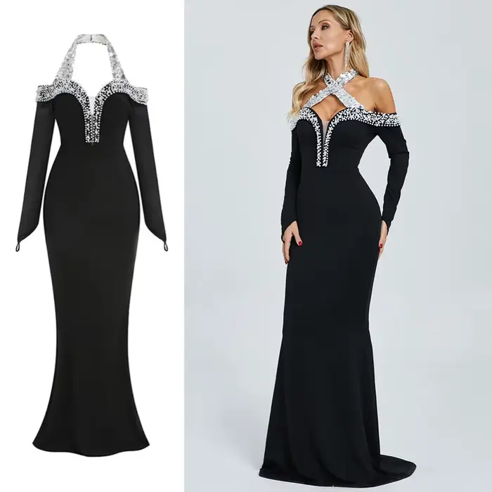 Robe longue sirène noire glamour avec strass, col licou, manches épaules dénudées, robe de soirée de bal