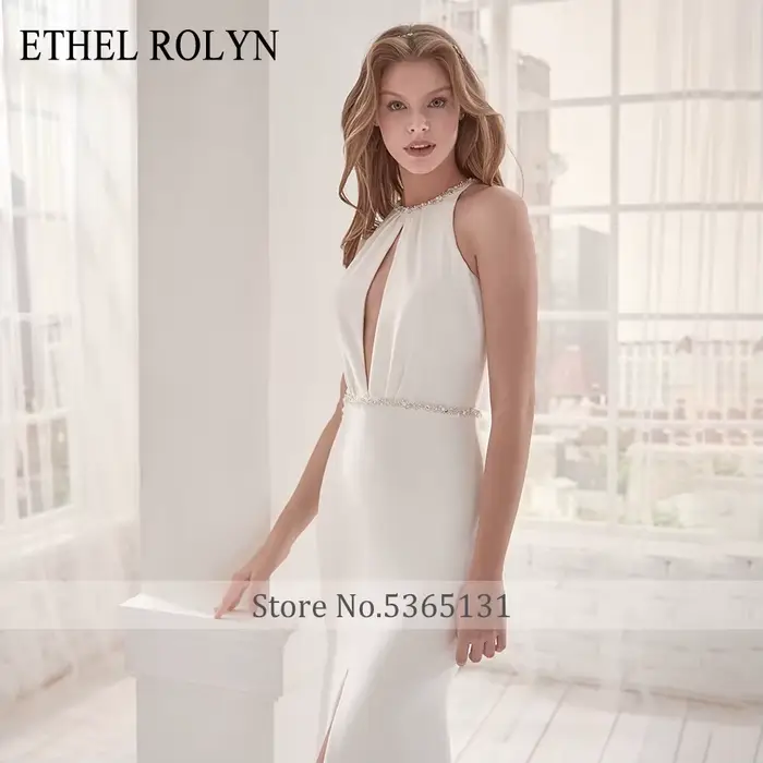 ETHEL ROLYN robe De mariée sirène licou élégant dos nu Satin cristal ceintures sans manches robes