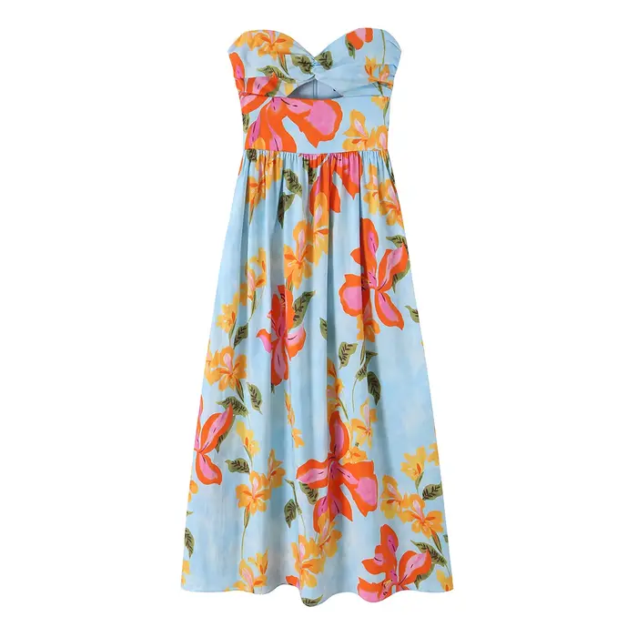 TFMLN Robe longue chic pour femme à imprimé floral, coupe trapèze, taille haute, sans bretelles, dos