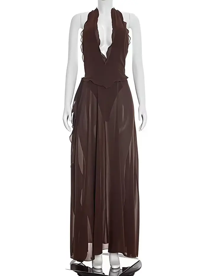 Robe longue sexy dos nu à col halter et décolleté plongeant pour femme