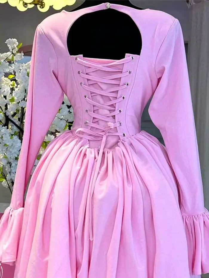 Robe vintage romantique rose sexy pour femmes avec manches, dos nu, col carré et dentelle pour occasions spéciales printemps été