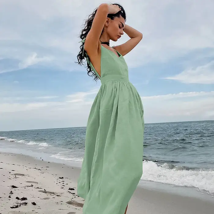 Robe longue à bretelles en coton et lin français, taille haute, Style vacances, printemps et été, 2026