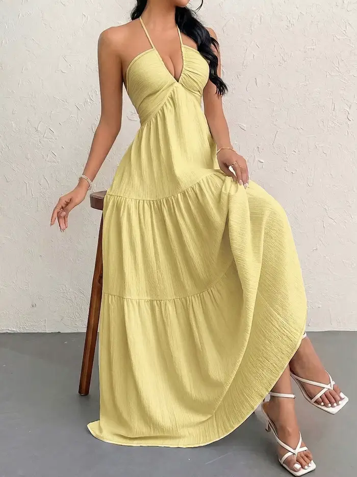Robe décontractée style bohème jaune à volants dos nu col halter pour femmes printemps été vacances plage romantique sorties nocturnes