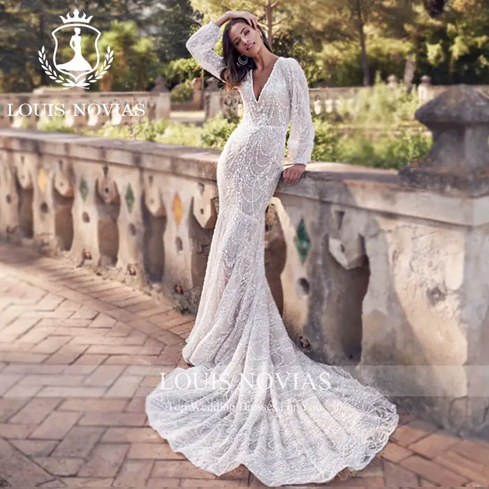 LOUIS NOVIAS robes De mariée sirène pour femmes Champagne col en v dos nu fermeture éclair manches bouffantes robe De mariée robes De Novia