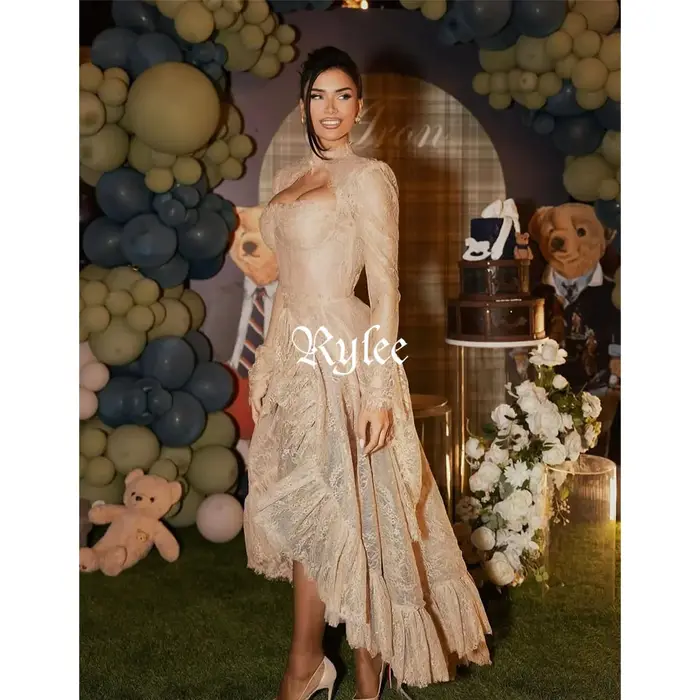 Robes de bal Rylee en dentelle, coupe asymétrique, manches longues évasées, élégantes, personnalisées, formelles, de soirée, coupe trapèze, longueur ras du sol, vestidos de fiesta 2026
