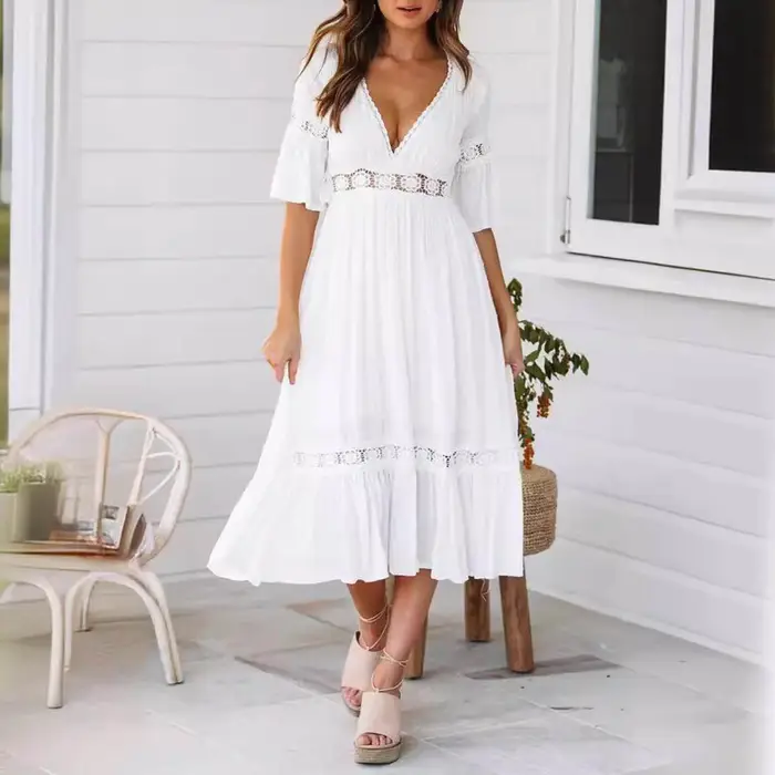 Robe en polyester décontractée avec décolleté en V et dentelle pour femmes, idéale pour les mariages, les soirées et les vacances
