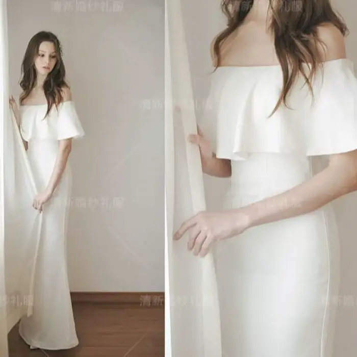 Robe de mariée blanche simple asymétrique épaule dénudée satin brillant pour banquet demoiselle d'honneur occasions spéciales