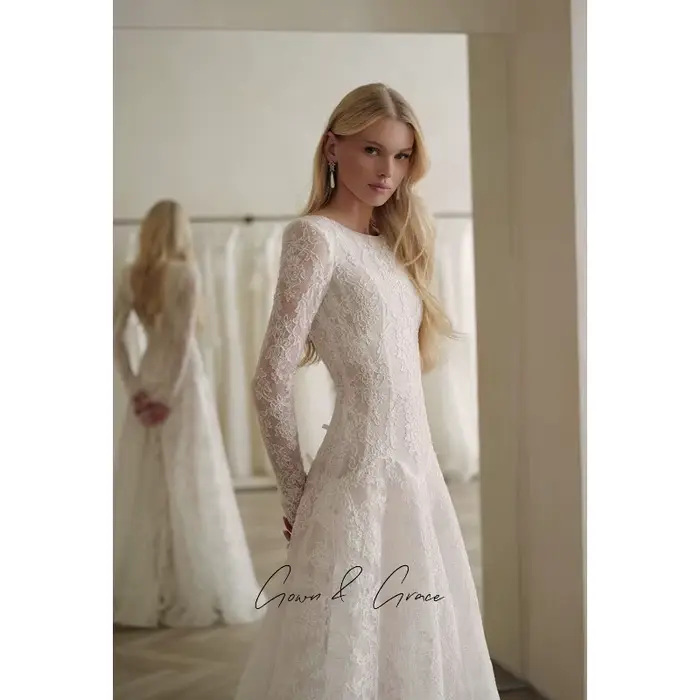 Gwn & Gce 2026 robes de mariée sirène en dentelle française élégante manches longues longueur au sol