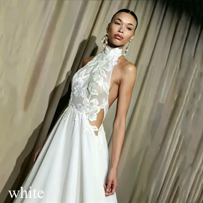Robe de Mariée Blanche Moderne en Mousseline Ligne A avec Dentelle Sur Mesure pour Femme Simple Col