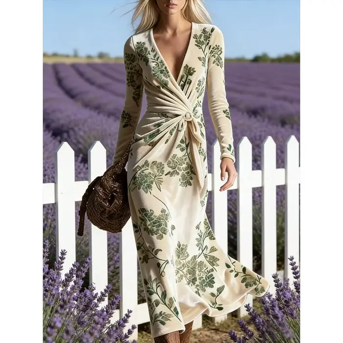 Robe longue en velours à imprimé botanique vert crème style bohème pour femme