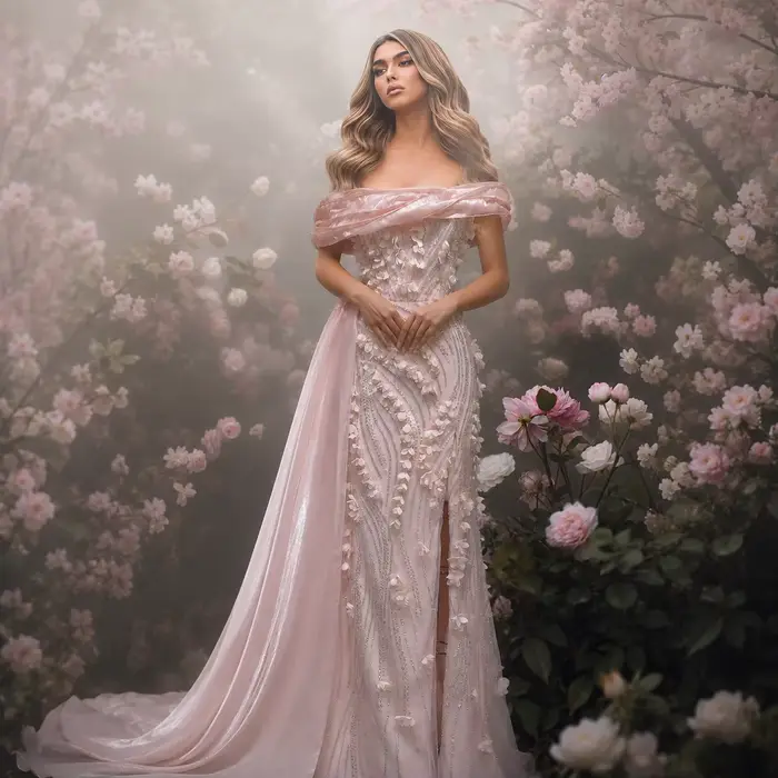 Robe de soirée rose Sharon Said Dubai à épaules dénudées avec appliques florales 3D شارون سعيد