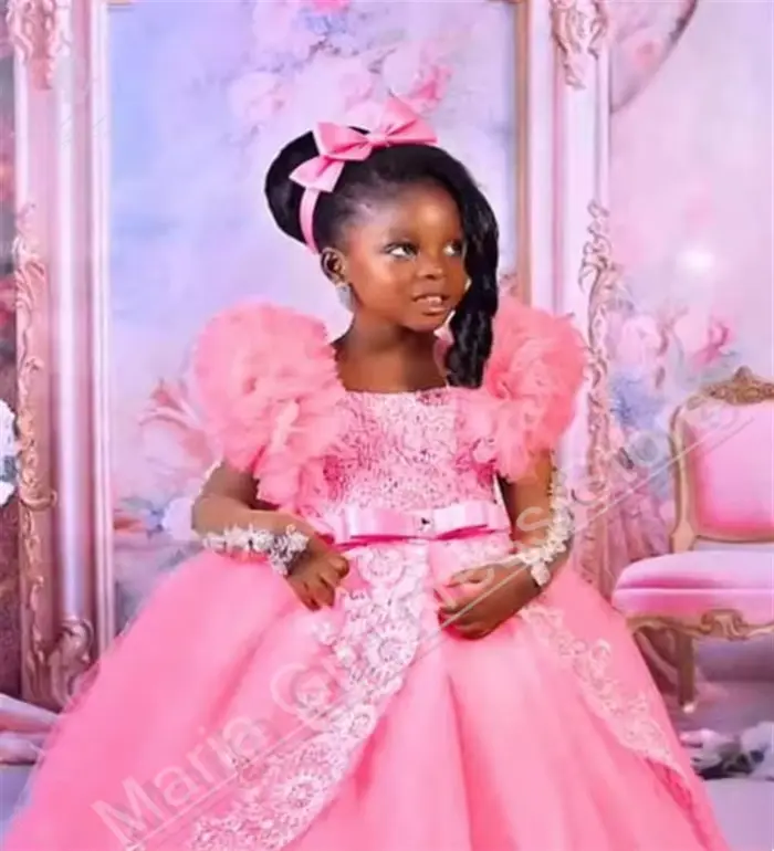 Robes de fête de mariage personnalisées pour petites filles roses
