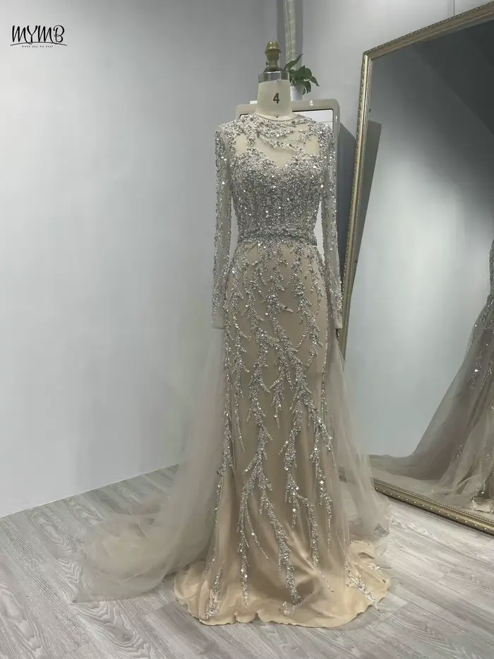 MYMB Champagne élégant encolure dégagée sirène robes d'occasion formelles musulman superbe perlée à