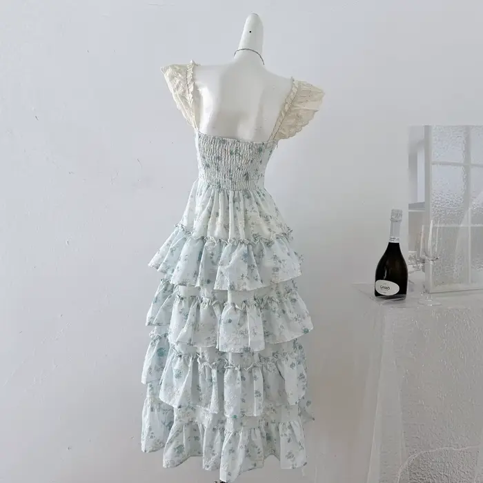 Robe de soirée longue en dentelle à fleurs françaises pour femme style doux bleu rose taille S à XL