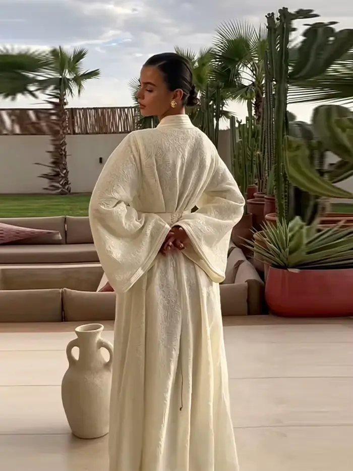 Robe kaftan bohème polyester pour femme élégante et discrète longueur cheville manches longues col mi-haut double boutonnage occasions spéciales