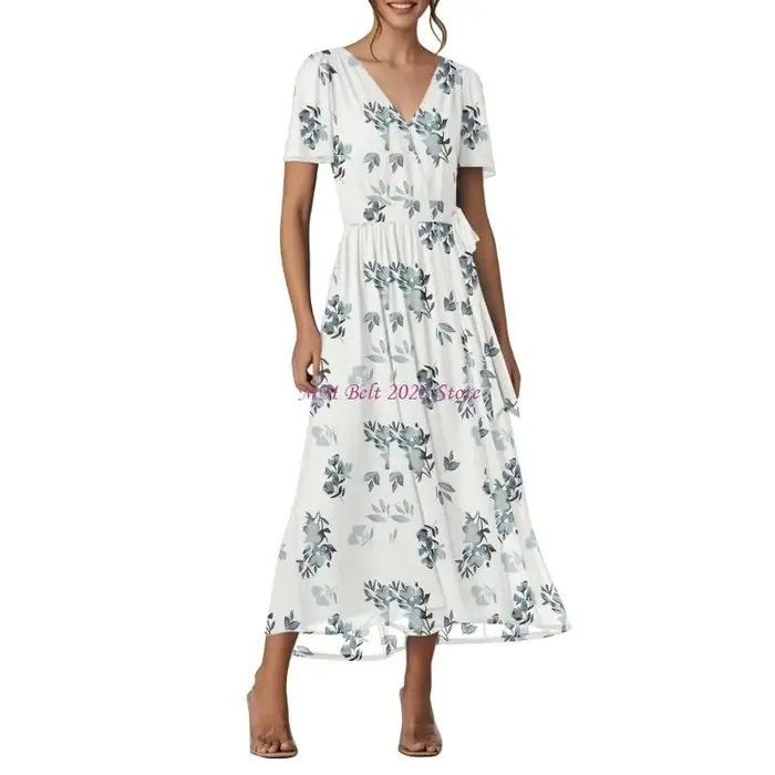 49ME – robe longue à fleurs fluide pour femmes, manches courtes, col en V, en mousseline soie, Maxi,