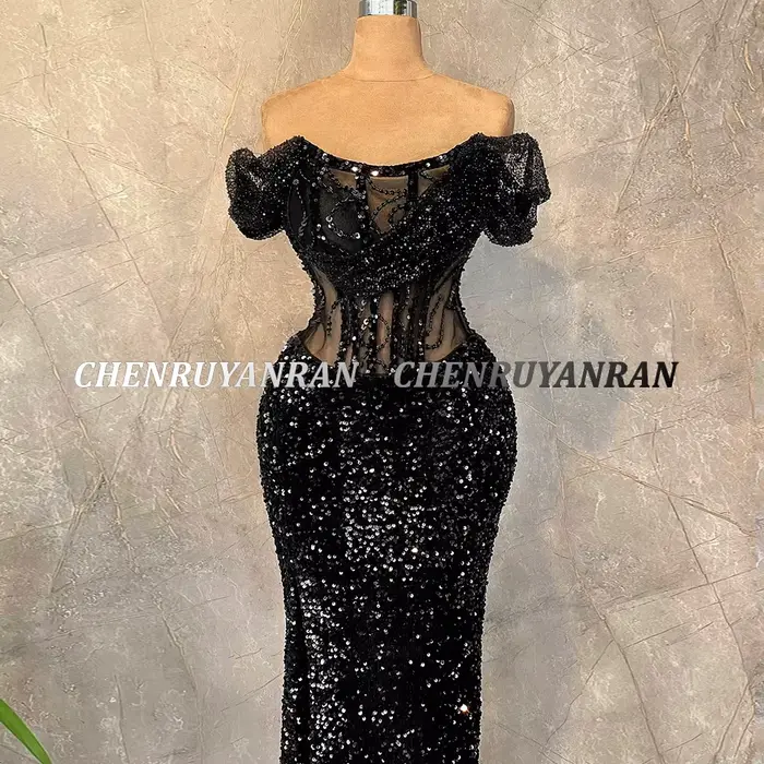 Robes de soirée formelles noires longues de luxe 2025 femmes paillettes sirène robe