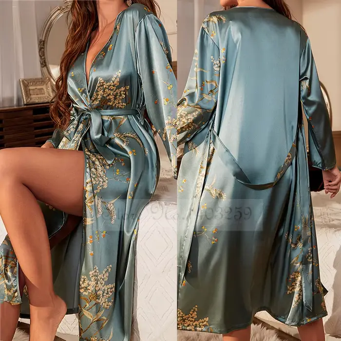 Robe longue en Satin de soie pour femmes, imprimé floral noir, vêtements de nuit, printemps et été, 