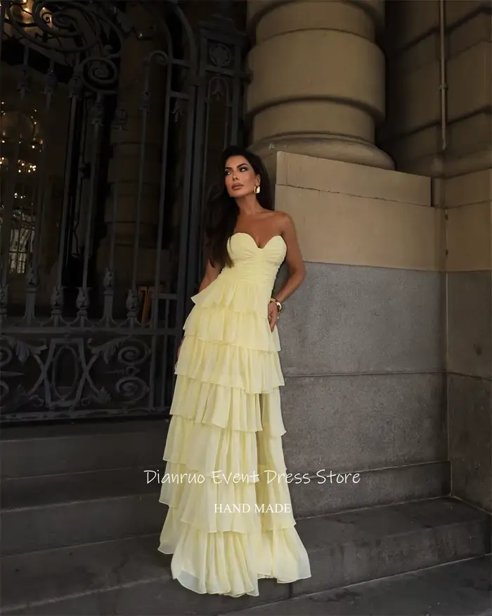 Dianruo jaune haute fente robe de soirée en mousseline de soie à volants longue