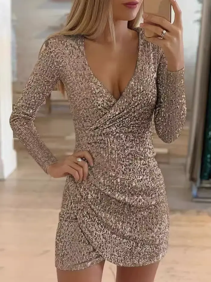 Robes pour femmes 2025 Sexy col en v profond argent paillettes Mini robe moulante printemps automne à manches longues robe de soirée femme