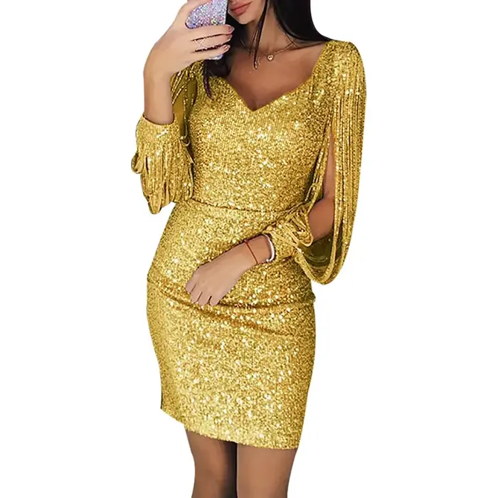 Robe élégante et glamour pour femmes grandes tailles paillettes mini robes sexy col en V pompon soirée officielle cocktail