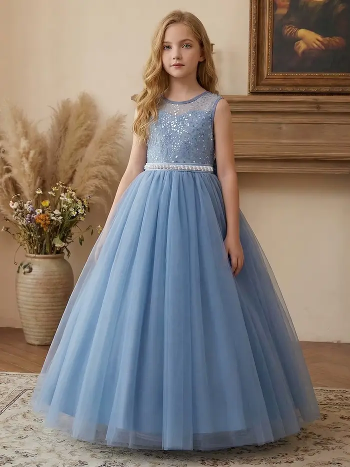 Robe de soirée longue gris-bleu pour filles avec grand nœud et col en V – Une magnifique robe de soirée pour anniversaire, bal, banquet