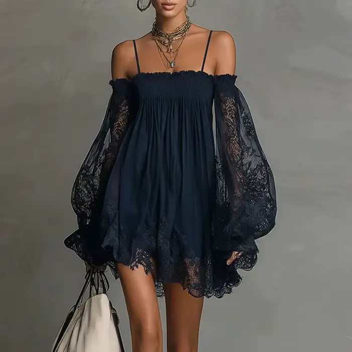 Robe Bohème Printemps Femme Élégante à Épaules Dénudées, Dentelle Creuse, Manches Bouffantes, Volant