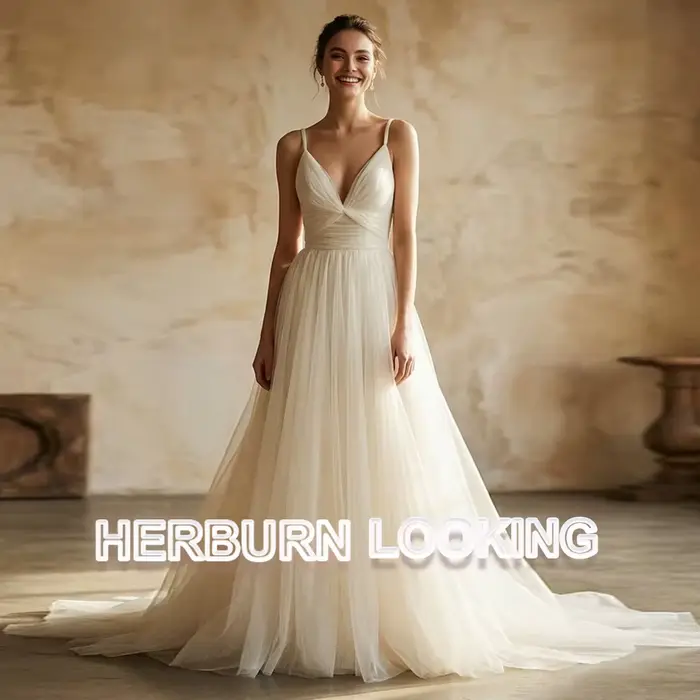 Robes de mariée trapèze charmantes HERBURN pour femmes, col en V, bretelles spaghetti, dos plissé, r