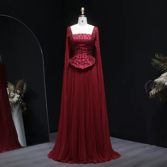 Robes de soirée Sharon Said Champagne Luxury Pleats rouge bordeaux pour mariage et fête