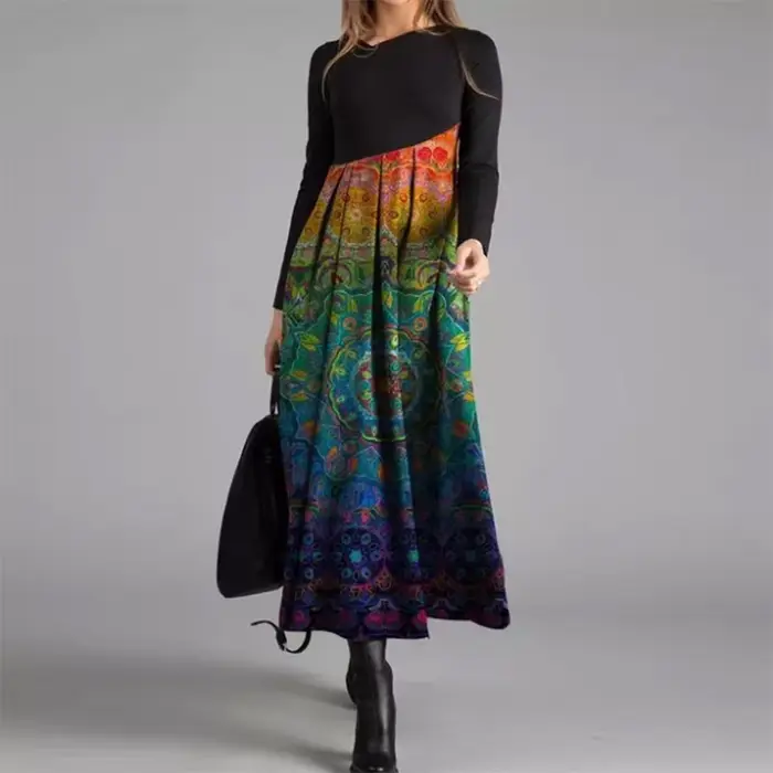 Robe longue vintage à col en V pour femmes