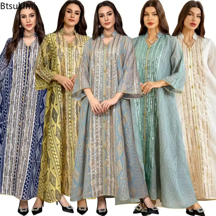 Robe de soirée marocaine abaya de luxe à sequins pour femmes occasions spéciales mode musulmane élégante et sophistiquée polyester légèrement extensible toutes les saisons