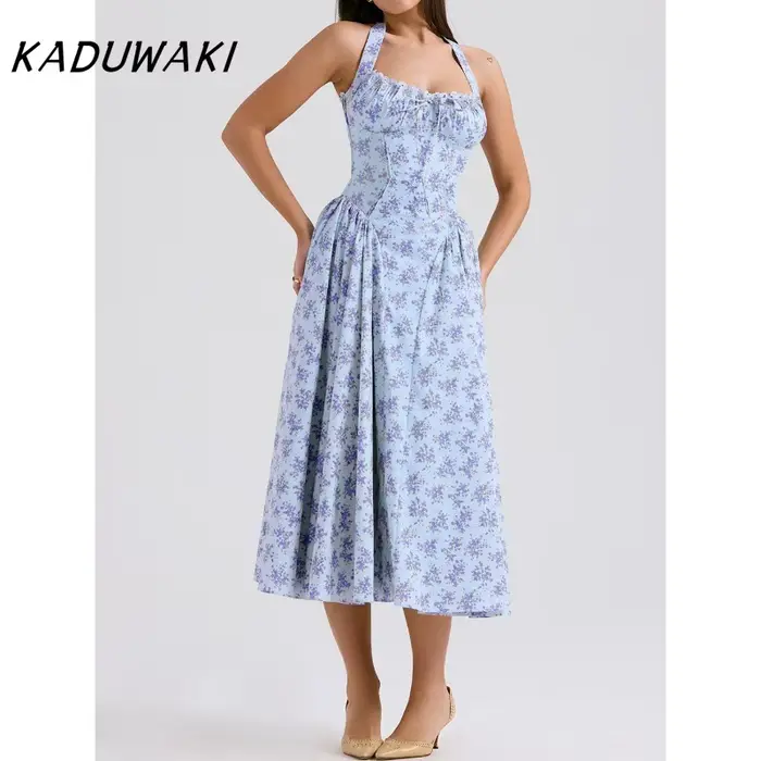 Robe midi KADUWAKI d'inspiration bohème à imprimé floral rose pour femme, sans bretelles, avec fente latérale, corset, robes d'été élégantes pour femmes, robes de soirée