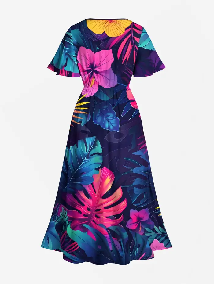 Robe midi pour femme, chemise à boutons avec imprimé de feuilles tropicales et de fleurs d'hibiscus pour homme
