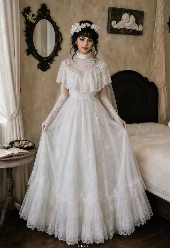 Robes de mariée princesse bohème en dentelle française à manches longues et col montant pour l'été