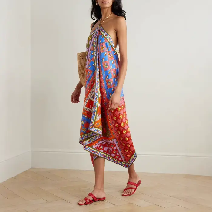 Robe longue en Satin imprimé bohème pour femmes, col licou, Sexy, dos nu, ample, irrégulière, mode p