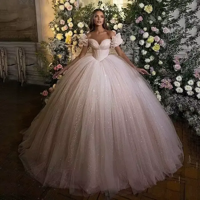 Robe de mariée de luxe palais à épaules dénudées brodée de paillettes et dentelle pour femmes grandes occasions spéciales