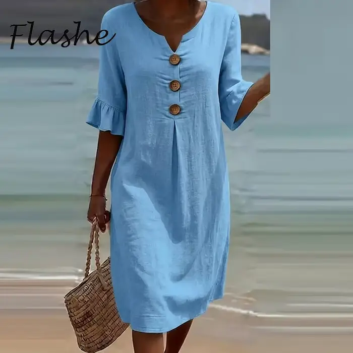 Robe vintage femme col en V manches courtes design à volants boutonnée plage vacances décontractée unie ample pour fêtes